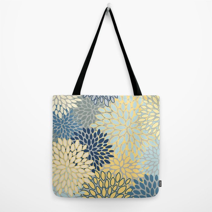 Floral Print, Yellow, Gray, Blue, Teal Tote Bag Gallery Image 2