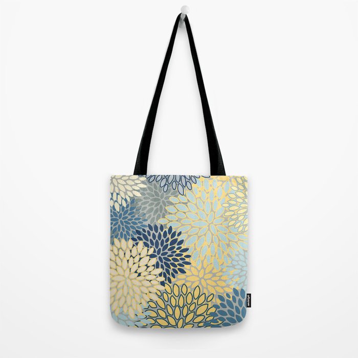 Floral Print, Yellow, Gray, Blue, Teal Tote Bag Gallery Image 2