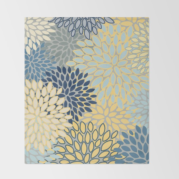 Floral Print, Yellow, Gray, Blue, Teal Throw Blanket Gallery Image 2