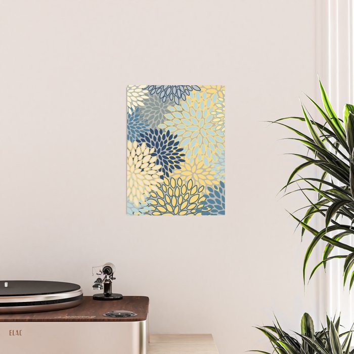 Floral Print, Yellow, Gray, Blue, Teal Poster Gallery Image 2