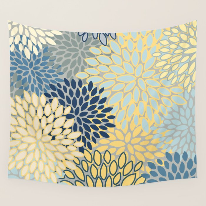 Floral Print, Yellow, Gray, Blue, Teal Wall Tapestry Gallery Image 1