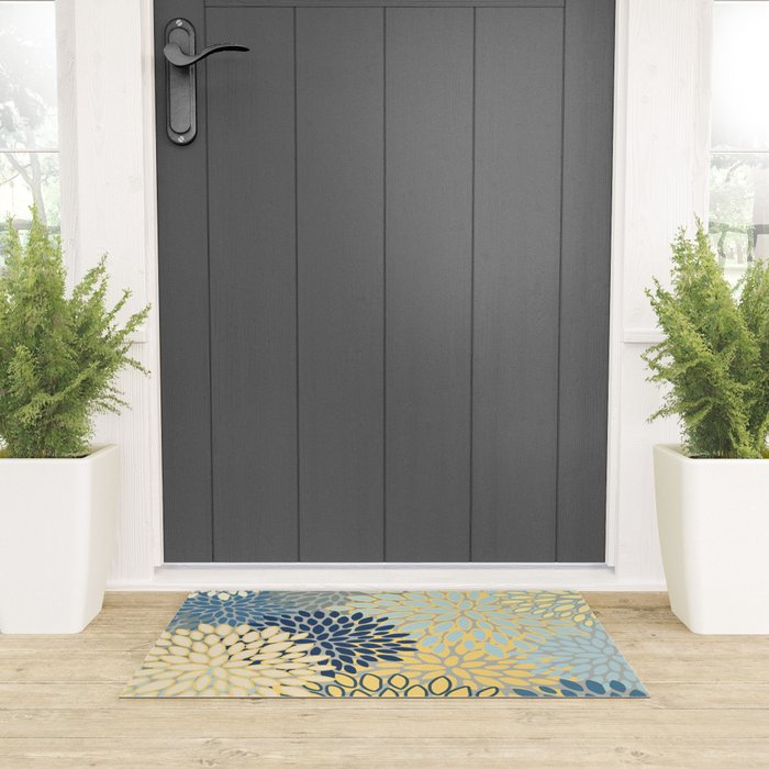 Floral Print, Yellow, Gray, Blue, Teal Welcome Mat Gallery Image 3