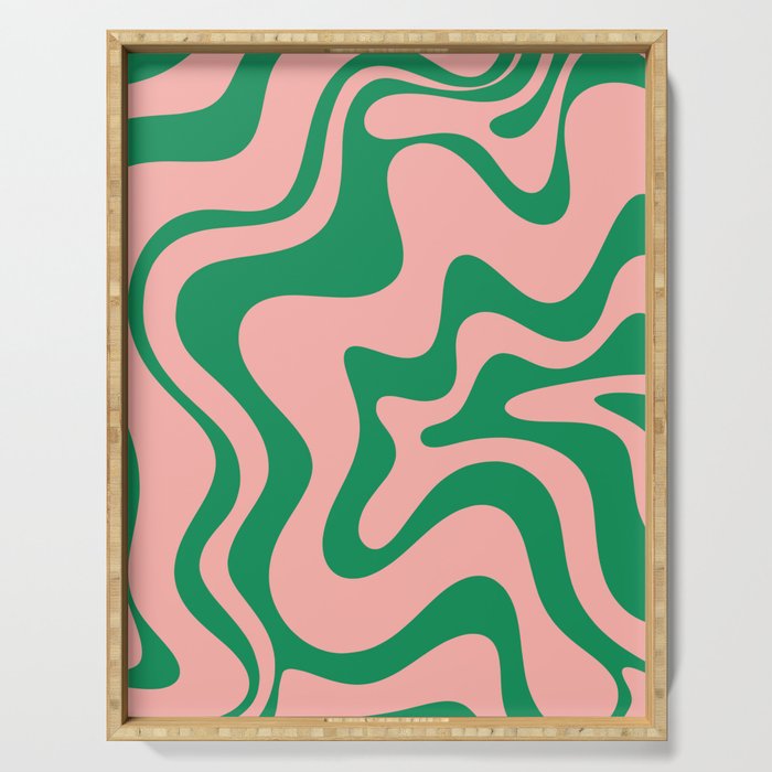 Liquid Swirl Abstract Retro Pattern in Blush Pink and Bright Green  Serving Tray Gallery Image 1