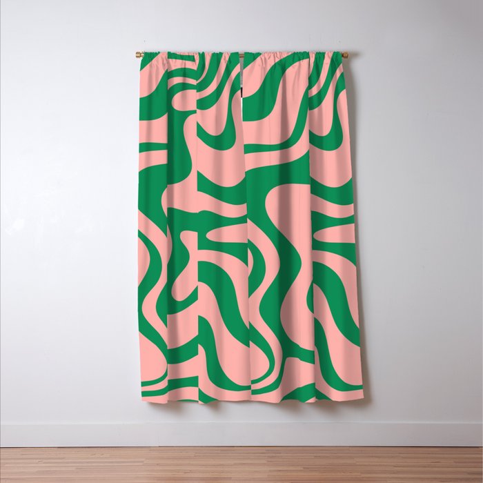 Liquid Swirl Abstract Retro Pattern in Blush Pink and Bright Green  Window Curtain Gallery Image 3