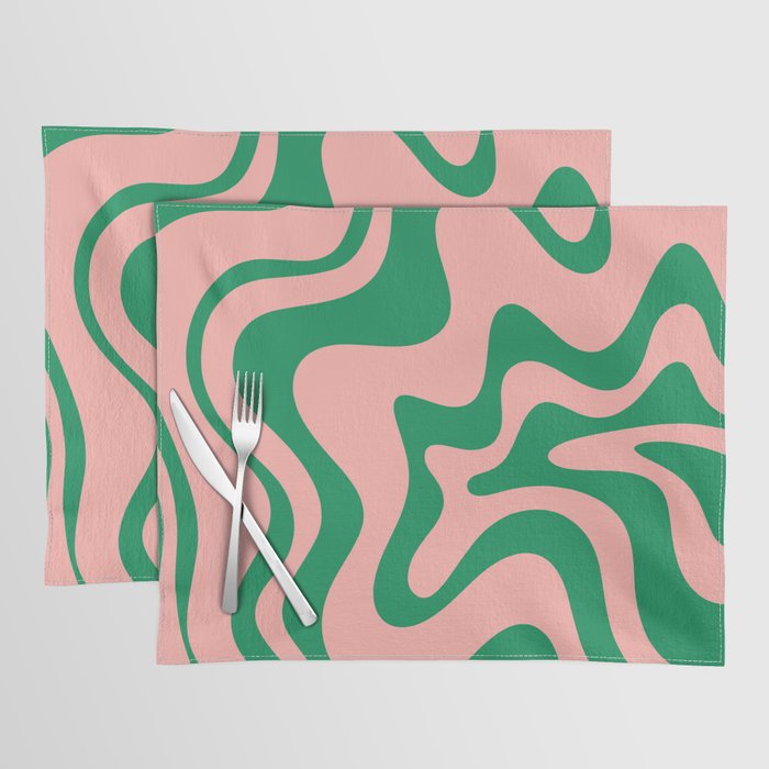Liquid Swirl Abstract Retro Pattern in Blush Pink and Bright Green  Placemat Gallery Image 1