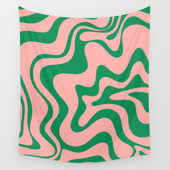 Liquid Swirl Abstract Retro Pattern in Blush Pink and Bright Green  Wall Tapestry Gallery Image 1