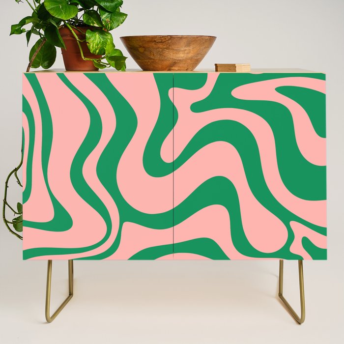 Liquid Swirl Abstract Retro Pattern in Blush Pink and Bright Green  Credenza Gallery Image 1