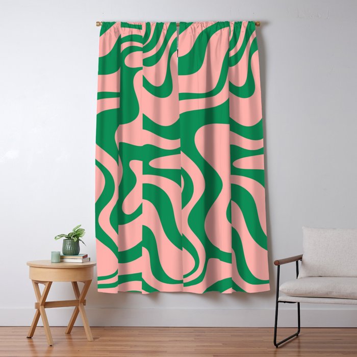 Liquid Swirl Abstract Retro Pattern in Blush Pink and Bright Green  Window Curtain Gallery Image 1