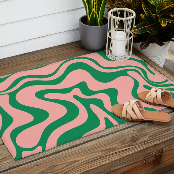 Liquid Swirl Abstract Retro Pattern in Blush Pink and Bright Green  Outdoor Rug Gallery Image 2