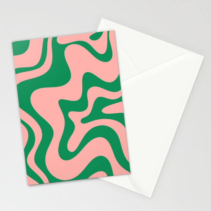 Liquid Swirl Abstract Retro Pattern in Blush Pink and Bright Green  Stationery Card Gallery Image 2