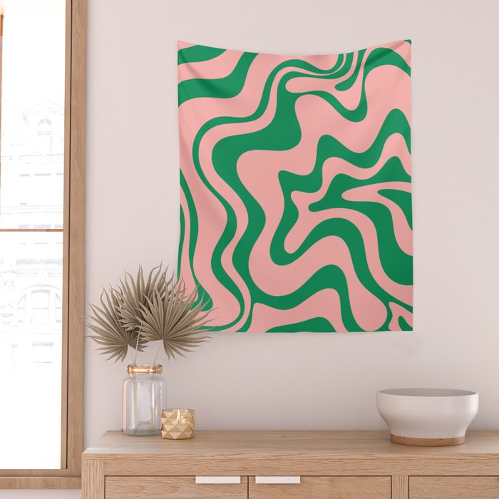 Liquid Swirl Abstract Retro Pattern in Blush Pink and Bright Green  Wall Tapestry Gallery Image 2