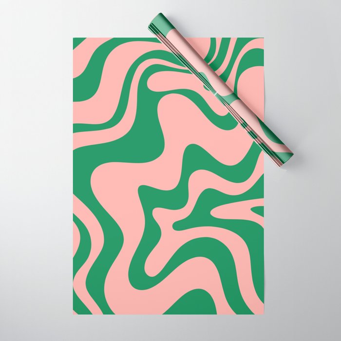 Liquid Swirl Abstract Retro Pattern in Blush Pink and Bright Green  Wrapping Paper Gallery Image 1