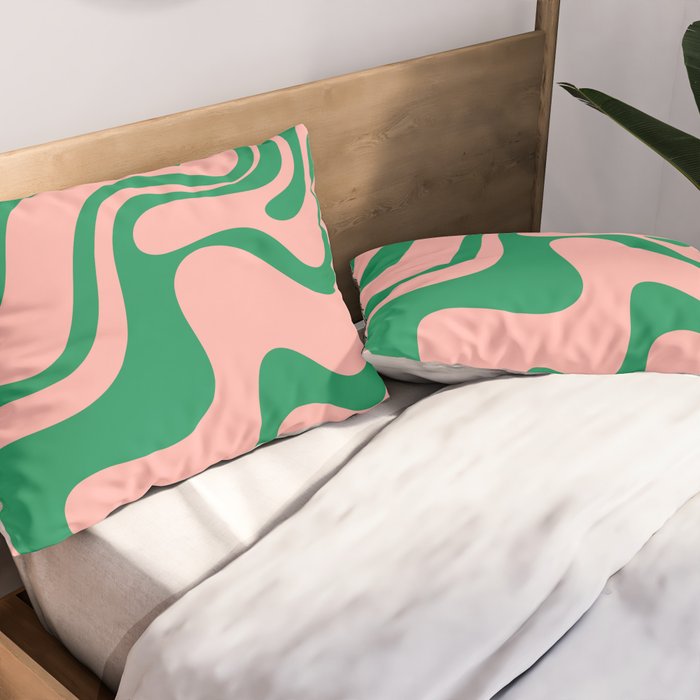 Liquid Swirl Abstract Retro Pattern in Blush Pink and Bright Green  Pillow Sham Gallery Image 2