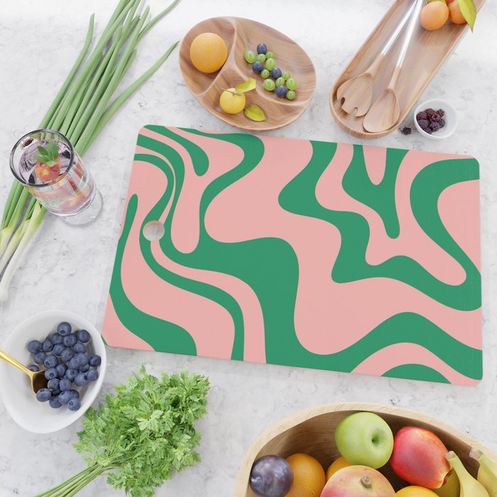 Liquid Swirl Abstract Retro Pattern in Blush Pink and Bright Green  Cutting Board Gallery Image 2