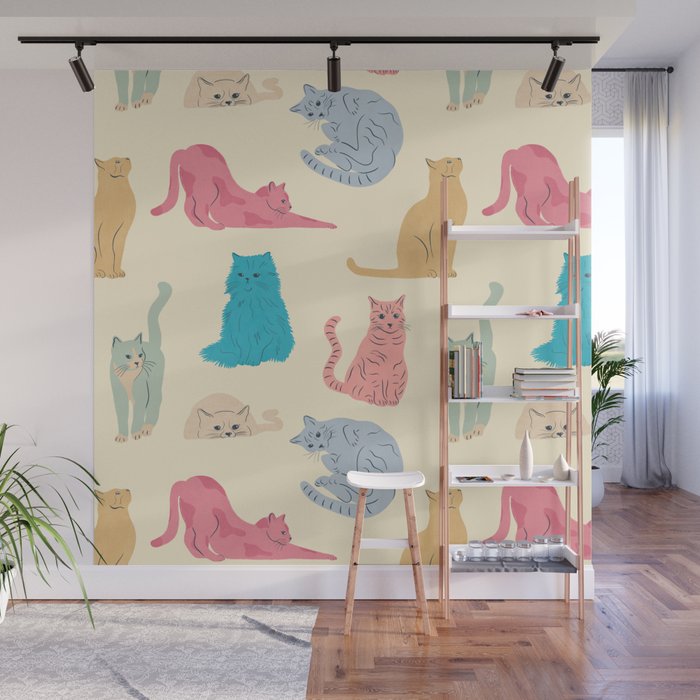 Pastel Cats Pattern Wall Mural Gallery Image 1