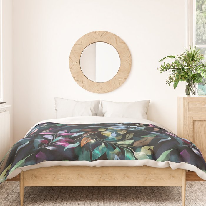 Midnight garden foliage Watercolor Leaves Dark Romantic botanical Jewel tones Duvet Cover Gallery Image 3