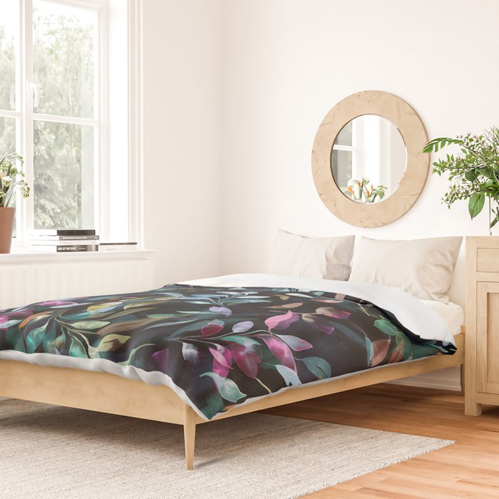 Midnight garden foliage Watercolor Leaves Dark Romantic botanical Jewel tones Duvet Cover Gallery Image 2