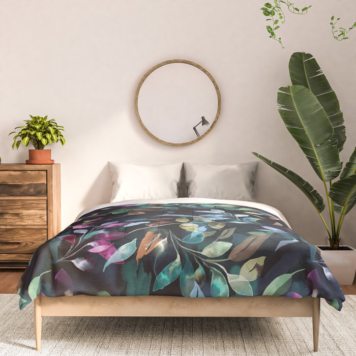 Midnight garden foliage Watercolor Leaves Dark Romantic botanical Jewel tones Comforter Gallery Image 3