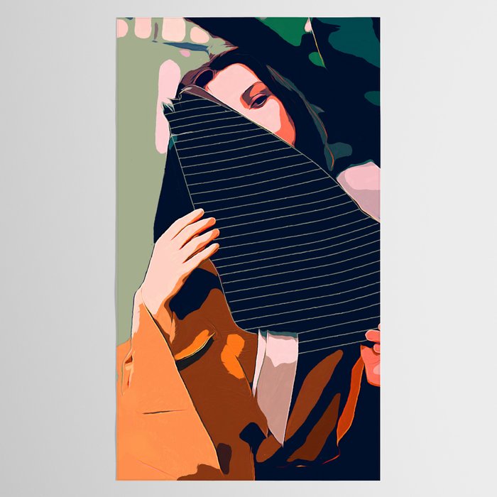 Don't Be Shy, Bohemian Woman Fashion Illustration, Eclectic Tropical Banana Leaves Feminism Tablecloth Gallery Image 2