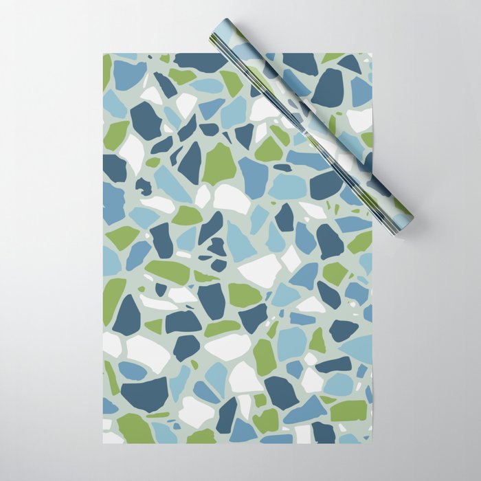 Terrazzo Mosaic Pattern, Teal Blue, Green, White Wrapping Paper Gallery Image 1