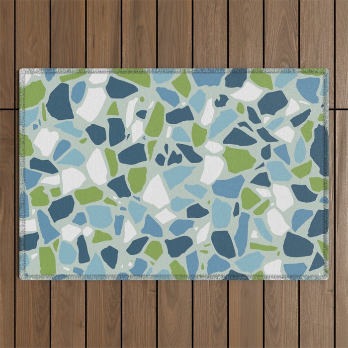 Terrazzo Mosaic Pattern, Teal Blue, Green, White Outdoor Rug Gallery Image 1