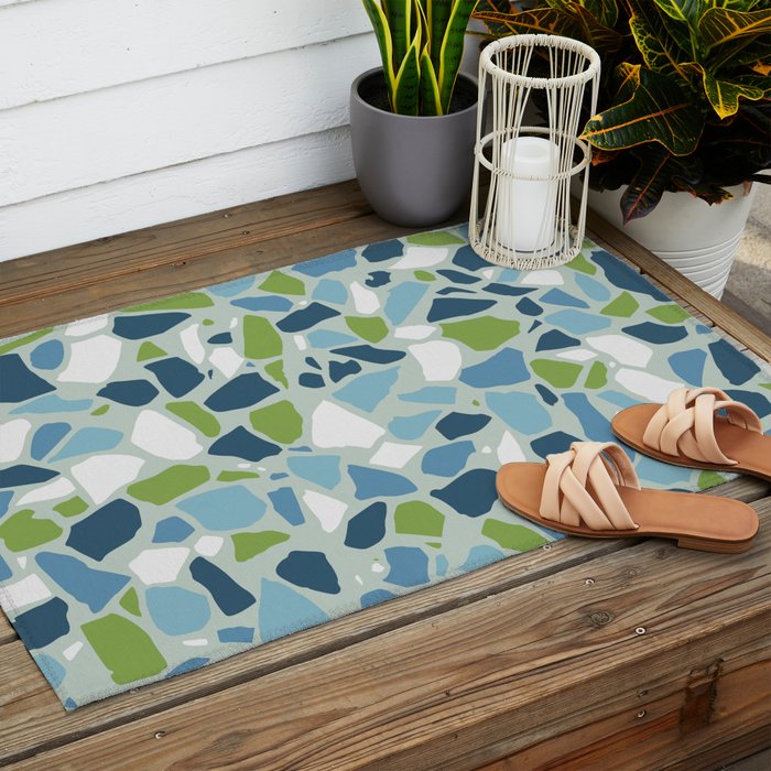 Terrazzo Mosaic Pattern, Teal Blue, Green, White Outdoor Rug Gallery Image 2