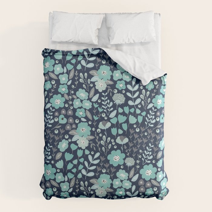 Ditsy Florals, Navy and Teal Duvet Cover Gallery Image 1