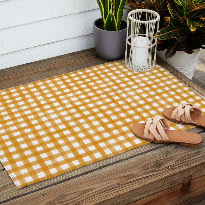 Watercolor Gingham - ochre on white  Outdoor Rug Gallery Image 2