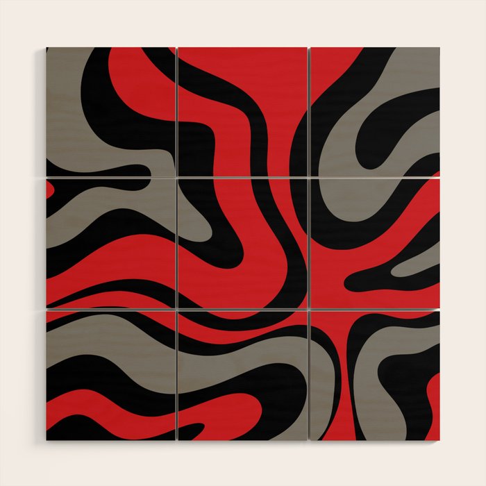 Modern Retro Liquid Swirl Abstract Pattern Black Red Gray Wood Wall Art Gallery Image 1