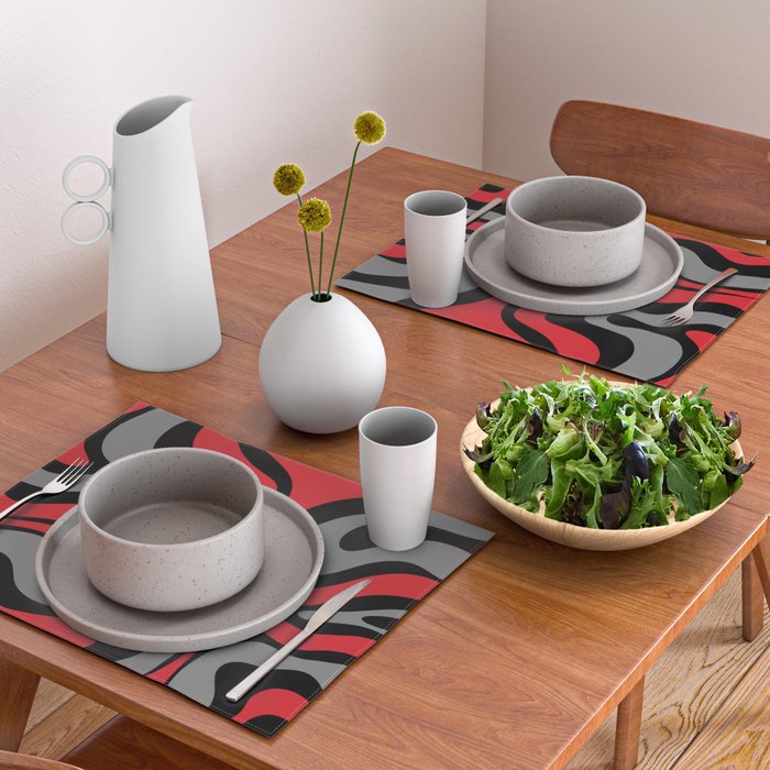 Modern Retro Liquid Swirl Abstract Pattern Black Red Gray Placemat Gallery Image 2