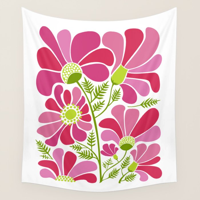 Pink Daisy Flower Illustration Wall Tapestry Gallery Image 4