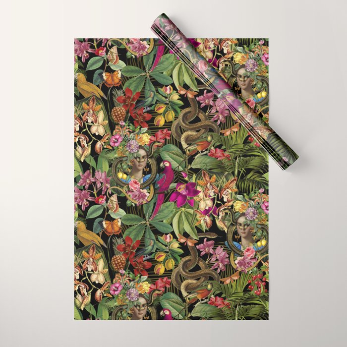 Snake Princess Tropical Jungle Vibes Multicolor  Black Wrapping Paper Gallery Image 1
