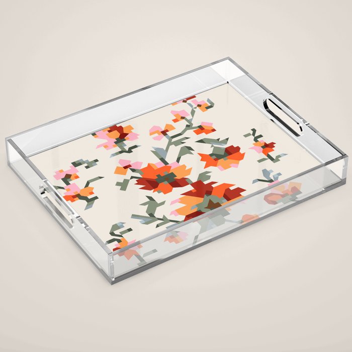 the image of stylized flowers in pixel technique or in embroidery technique Acrylic Tray Gallery Image 1
