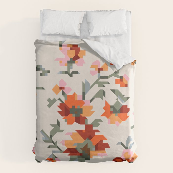 the image of stylized flowers in pixel technique or in embroidery technique Duvet Cover Gallery Image 1