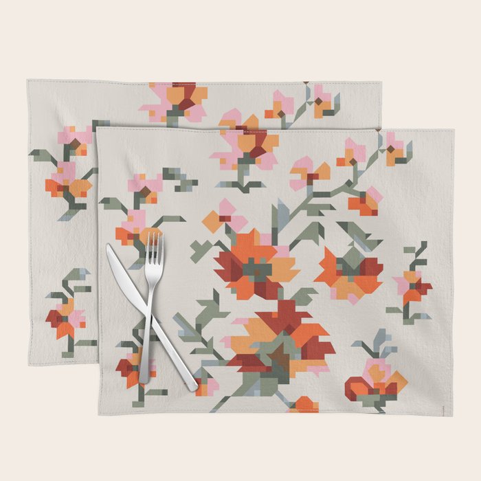 the image of stylized flowers in pixel technique or in embroidery technique Placemat Gallery Image 1