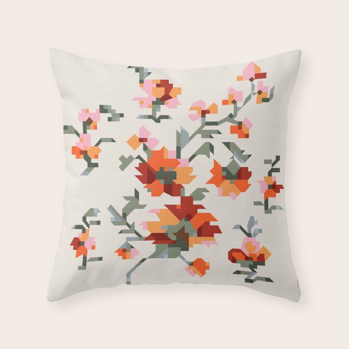 the image of stylized flowers in pixel technique or in embroidery technique Throw Pillow Gallery Image 6