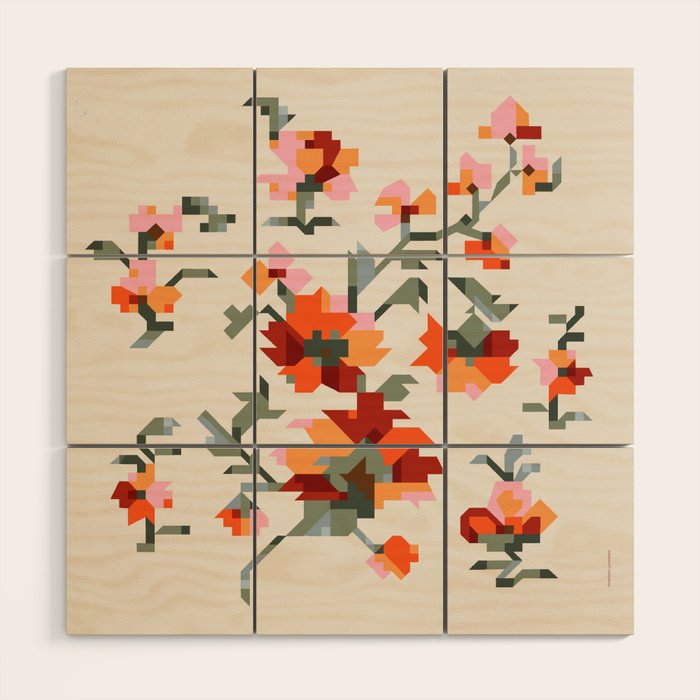 the image of stylized flowers in pixel technique or in embroidery technique Wood Wall Art Gallery Image 1