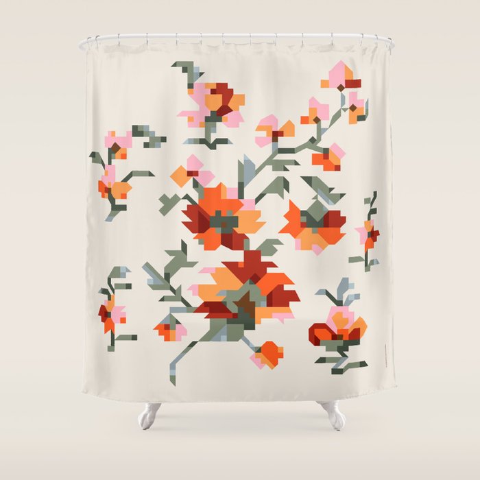 the image of stylized flowers in pixel technique or in embroidery technique Shower Curtain Gallery Image 1
