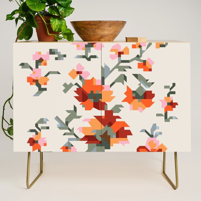 the image of stylized flowers in pixel technique or in embroidery technique Credenza Gallery Image 1