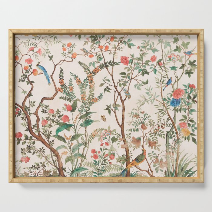 Chinoiserie Peach Floral Fresco Garden Birds Serving Tray Gallery Image 1