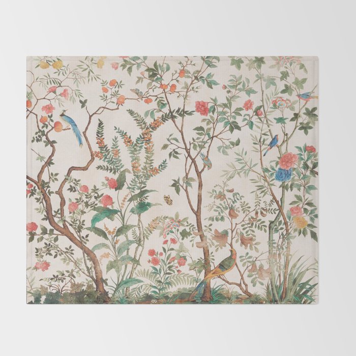 Chinoiserie Peach Floral Fresco Garden Birds Throw Blanket Gallery Image 2