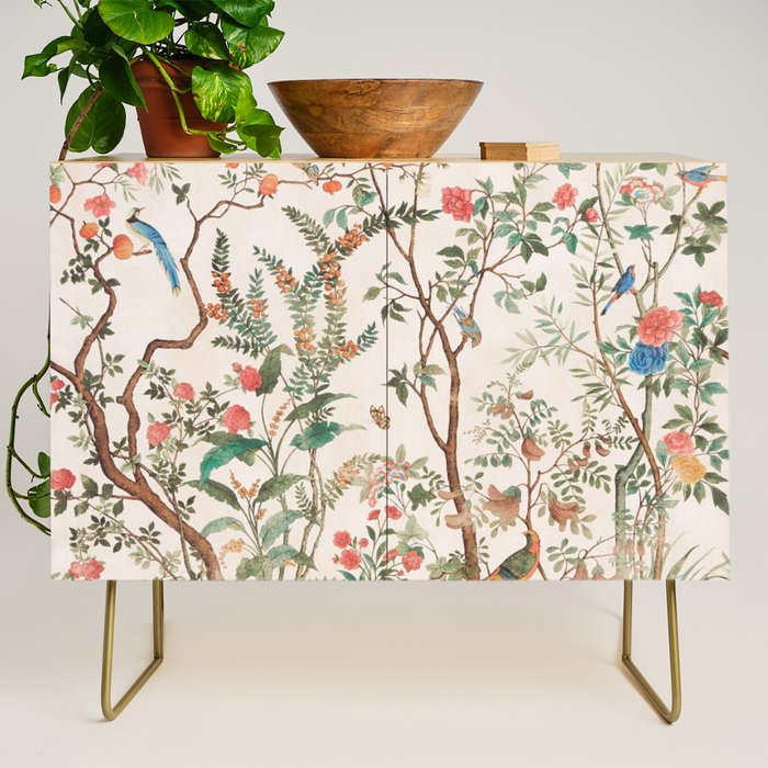 Chinoiserie Peach Floral Fresco Garden Birds Credenza Gallery Image 1