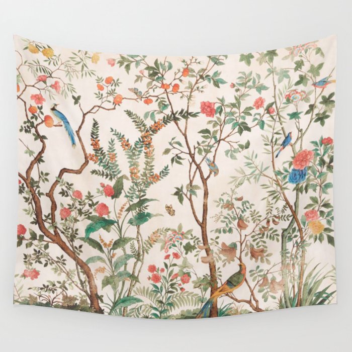 Chinoiserie Peach Floral Fresco Garden Birds Wall Tapestry Gallery Image 4