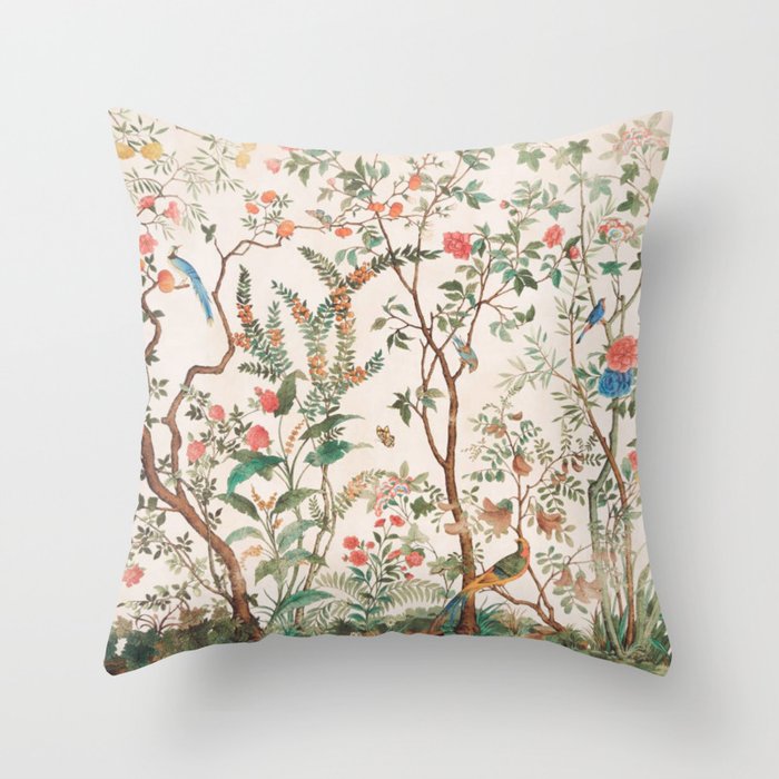 Chinoiserie Peach Floral Fresco Garden Birds Throw Pillow Gallery Image 6
