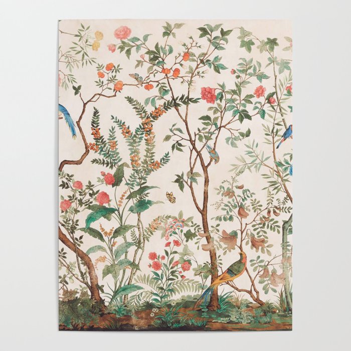 Chinoiserie Peach Floral Fresco Garden Birds Poster Gallery Image 4