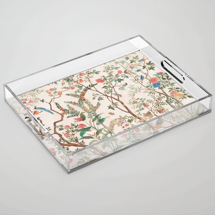 Chinoiserie Peach Floral Fresco Garden Birds Acrylic Tray Gallery Image 1