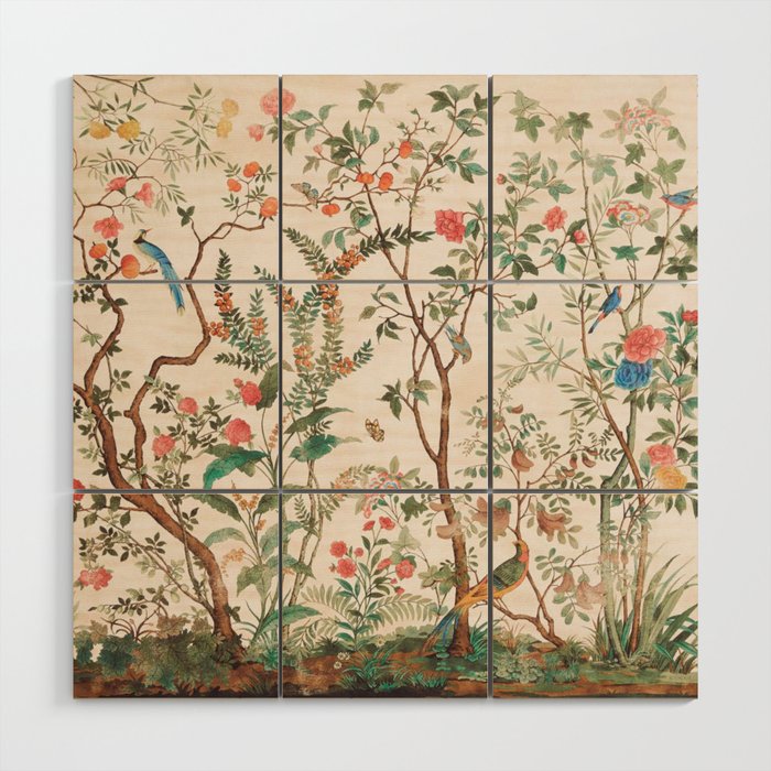 Chinoiserie Peach Floral Fresco Garden Birds Wood Wall Art Gallery Image 1