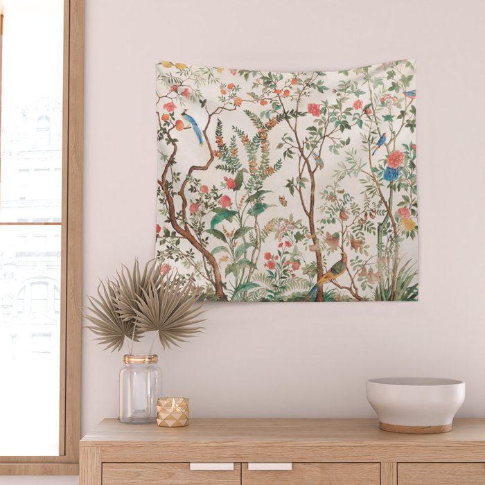 Chinoiserie Peach Floral Fresco Garden Birds Wall Tapestry Gallery Image 2