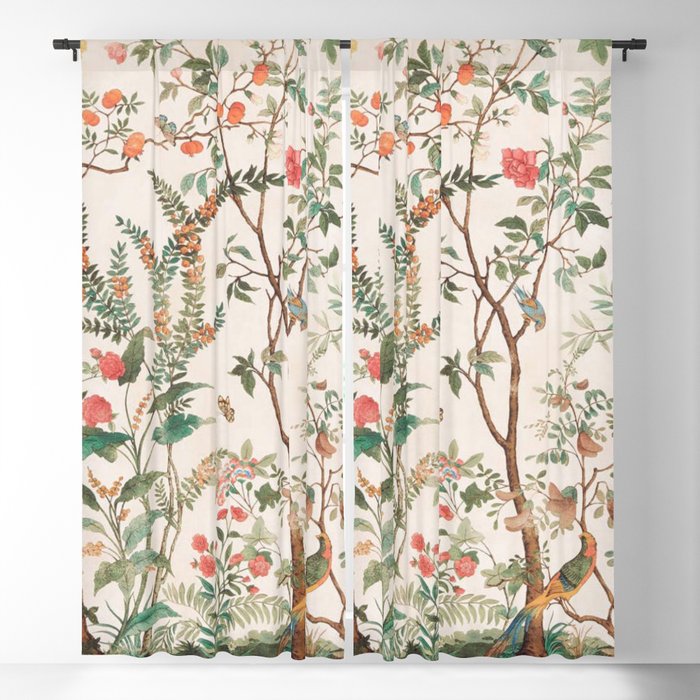 Chinoiserie Peach Floral Fresco Garden Birds Window Curtain Gallery Image 5