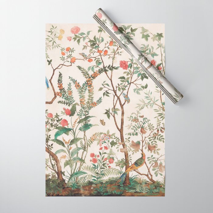 Chinoiserie Peach Floral Fresco Garden Birds Wrapping Paper Gallery Image 1